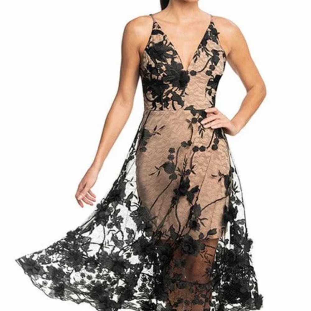 Audrey Black and Nude Lace Overlay and V-neck Midi Dress